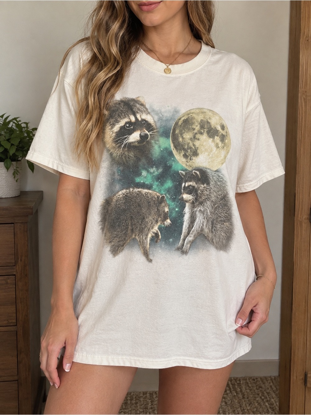 Comfort Colors Cream Graphic Raccoon Moon Short Sleeve Tee
